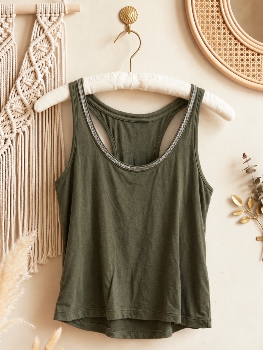 NWT Ramy Brook Green Rhinestone Trimmed Neck Tank Top